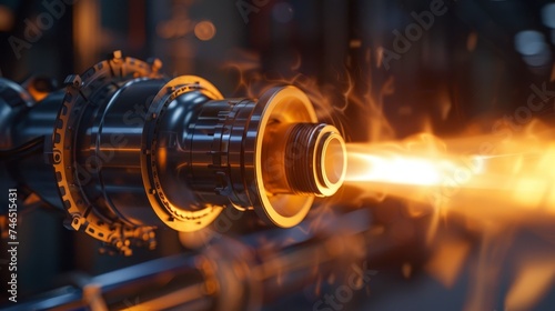 Close-up of an aerospace component during precision machining with bright sparks and warm illumination.