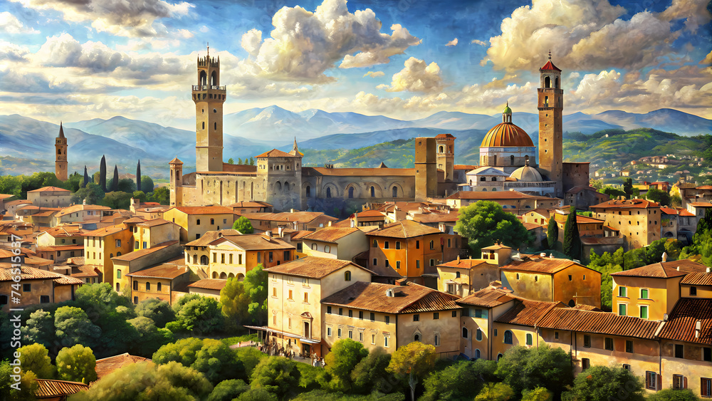 Fototapeta premium Captivating Oil Painting of Italian Summer Cityscape - Evoking the Charm of Tuscany Landscape