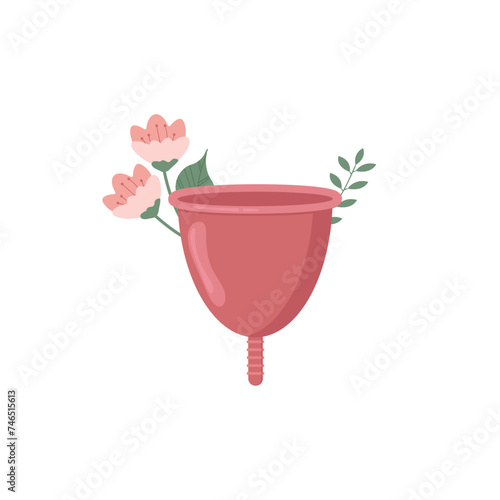 Illustration of Menstrual Hygiene for Women. Drawing of Menstrual Cup on White Background in Flat Style Decorated with Botanical Elements. Vector