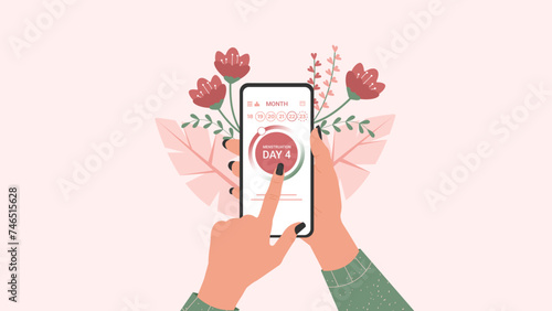 Illustration of Menstrual Period Tracking App. Banner of Girl Holding Phone In Hand With Menstrual Cycle Tracking App. Reproductive, Women's Health In Pink Colors. Vector