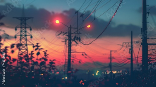 Ethereal twilight descends with vivid red and blue hues silhouetting power lines against a dynamic evening sky.