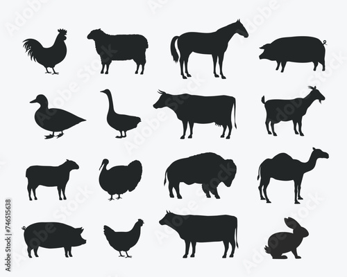 Vector Farm Animals Set. Silhouettes of Cow  Pig  Sheep  Lamb  Hen  Goat  Horse  Turkey. Design elements for emblem  poster  label. Farm Animals icons isolated on white background.