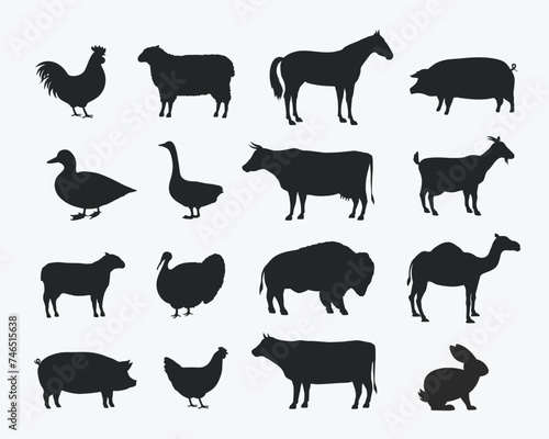 Vector Farm Animals Set. Silhouettes of Cow, Pig, Sheep, Lamb, Hen, Goat, Horse, Turkey. Design elements for emblem, poster, label. Farm Animals icons isolated on white background.