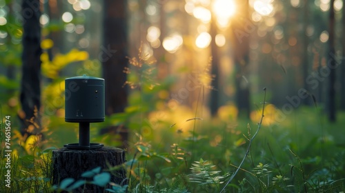 A portable wireless speaker stands on a stump in a tranquil forest scene, bathed in the golden light of the setting sun.