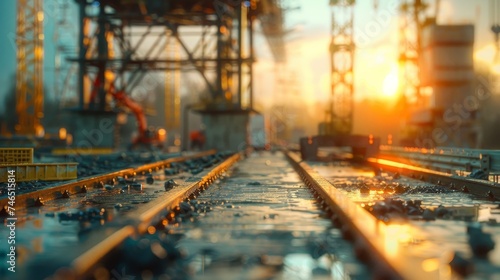 Sunset view over an industrial construction site with railway tracks leading to machinery and cranes, symbolizing development and infrastructure.