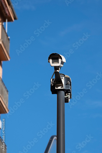 Security camera on the public road. Video surveillance.Surveillance with security cameras on the street for the safety of citizens.