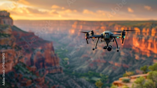 A drone with a mounted camera flies against the backdrop of a stunning sunset over the majestic Grand Canyon.