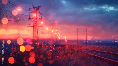 A mesmerizing scene of electricity pylons silhouetted against the sunset, with a beautiful bokeh effect from the surrounding lights.