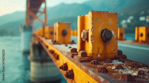 Detailed view of corroded rusty bolts on vibrant yellow metalwork of a bridge, with blurry river and mountains in the background. photo