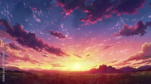 Vibrant Anime Sunset Sky with Distant Mountain Range Silhouette AI Generated.