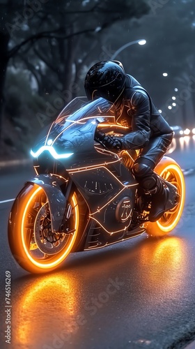 Night Rider: Illuminated Motorcycle Journey in Rain