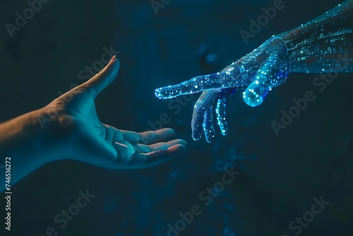 a human hand touching with digital robot at hand, digital concept of helping artificial intelligence to people in glowing blue. Low polygon, particle, and triangle style design