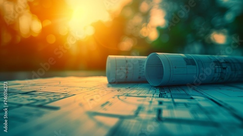 Rolled architectural blueprints on a table with the golden glow of the setting sun highlighting the detailed plans.