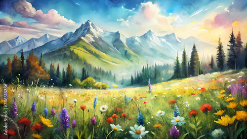 Tranquil Watercolor Summer Landscape - Printable Digital Painting of Wildflowers and Mountains © PhotoPhreak