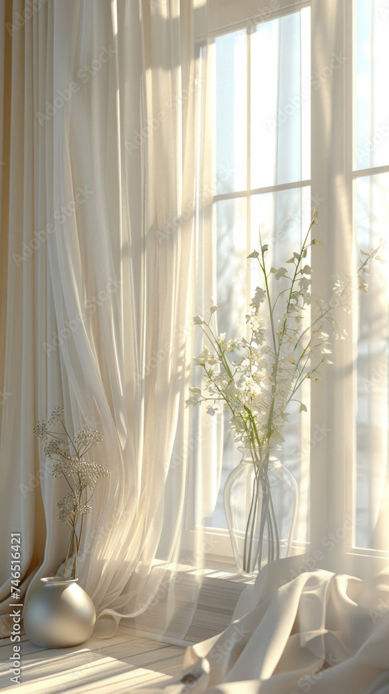 Big window in luxury house decorated with white curtain and spring flowers , light, calm and minimalistic elegant interior, modern spring sommer decoration Big window in luxury house decorated with white curtain and spring flowers , light, calm and minimalistic elegant interior, modern spring sommer decoration