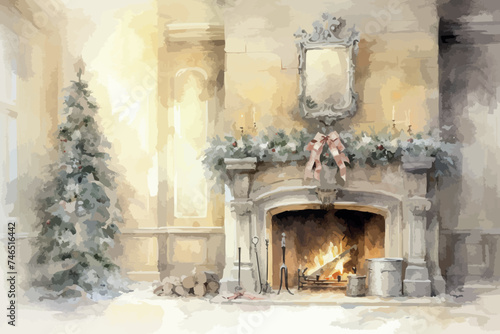 Artistic concept painting of a Christmas time. Wood burning in a cozy fireplace at home