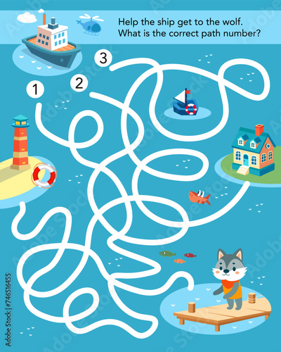 Activity and education. Maze puzzle game for kids. Cute stylised cartoon ship at sea on dock. Vector flat isolated illustration on white background for design.