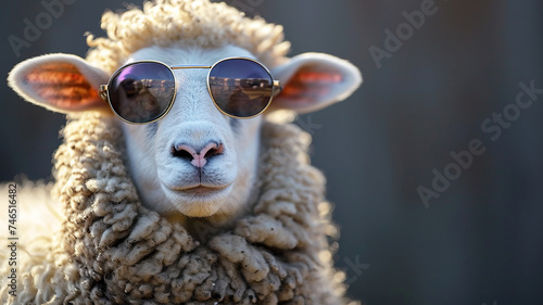 Funny fluffy sheep with curly wool, wearing sunglasses photo