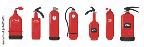 Autonomous chemical powder foam red flame extinguishers prevent risk fire with spray hose CO2 sticker instructions protecting home. Portable, industrial fire extinguisher firefighter equipment vector.