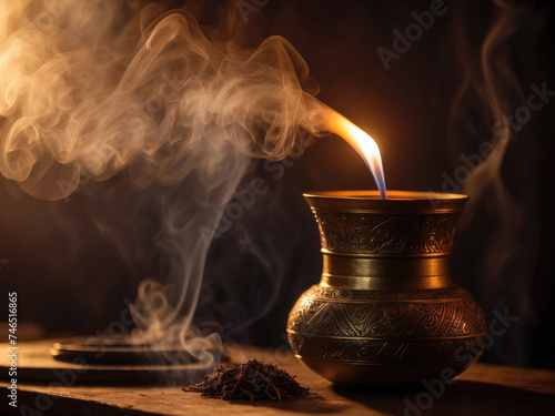 Incense in ritual bowl on dark background