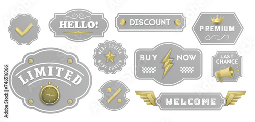 Promotion Labels, Frames set. Retro stickers with 3d design elements. Tag, sticker, banner, sign, logo templates. Vector illustration