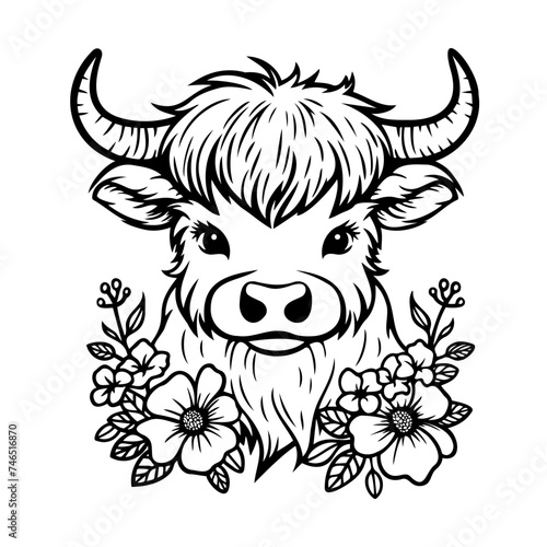 Highland cow head design with flowers on white background. Farm Animal. Cows logos or icons. vector illustration.