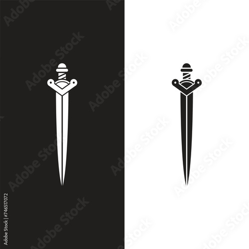 Swords in flat style and silhouettes isolated on white background. Icon set of ancient swords. Vector illustration. Medieval swords. Japanese sword katana.