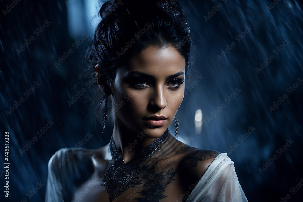 Woman in White Dress Standing in Rain, Elegant and Resilient. Generative AI. Woman in White Dress Standing in Rain, Elegant and Resilient. Generative AI.