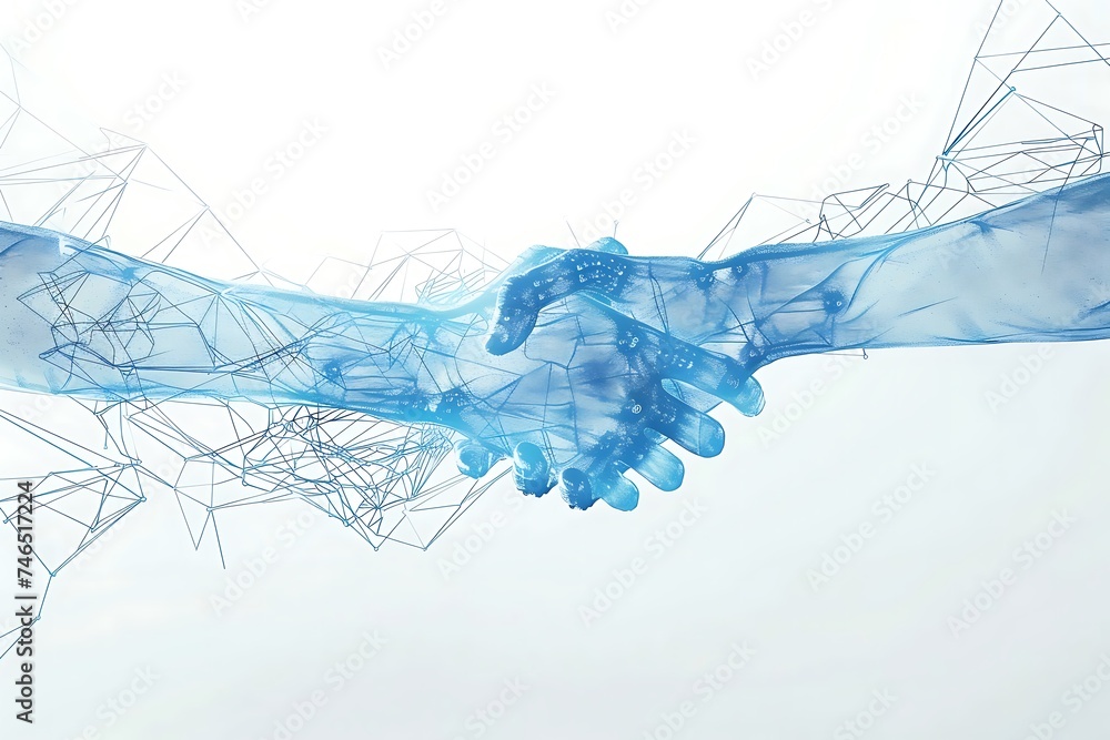 Human shaking hands with an AI, Digital handshake on blue technology background. Abstract two hands in lines, connected dots, and triangles. Polygonal grid 3D vector illustration Low poly wireframe. Human shaking hands with an AI, Digital handshake on blue technology background. Abstract two hands in lines, connected dots, and triangles. Polygonal grid 3D vector illustration Low poly wireframe.
