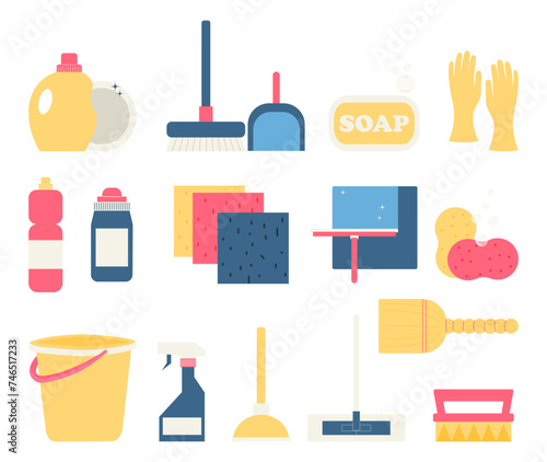 set of household supplies and tools for spring cleaning. Hygienic chemistry and sanitation equipment. Vector illustration
