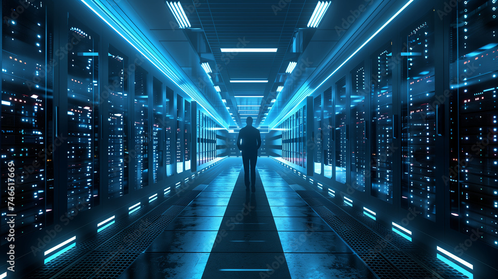 Technician Walking in Server Room Data Center. Silhouette of a technician walking through the illuminated aisles of a futuristic data center server room with blue lighting.