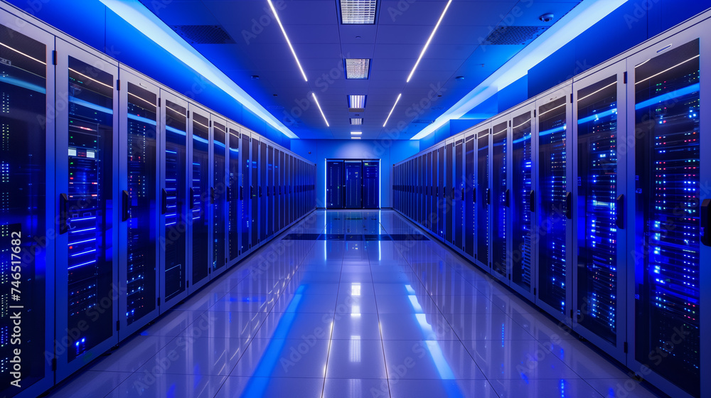 Data Center Dynamics: Network Operations Core. Symmetrical view of a data center corridor lined with server racks illuminated by blue LED lights. Data Center Dynamics: Network Operations Core. Symmetrical view of a data center corridor lined with server racks illuminated by blue LED lights.