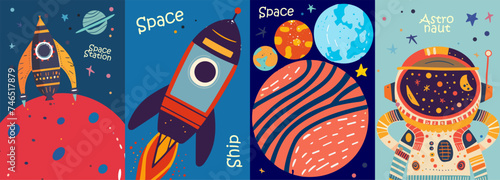 A playful and colorful collection of space-themed illustrations, showcasing a cartoonish style that is perfect for children's books or educational content.