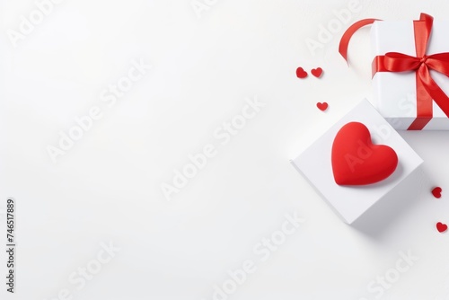 A chic gift box with a white satin ribbon and a red paper heart on a pristine white background, Valentine's concept. Stylish Gift Box with White Bow and Paper Heart