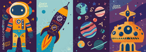 Fototapeta Naklejka Na Ścianę i Meble -  A vibrant and playful set of illustrations featuring space-themed elements in a naive, cartoonish style. The collection includes a smiling astronaut, a whimsical rocket ship with flames.