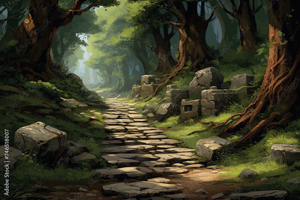 Stone path in a forest overgrown with moss illustration