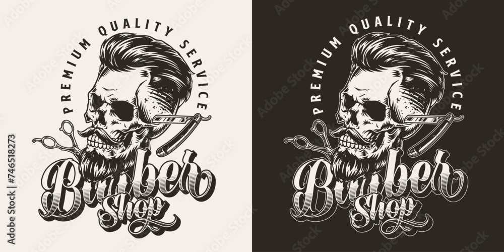 Fototapeta premium Skull barber monochrome vintage sticker