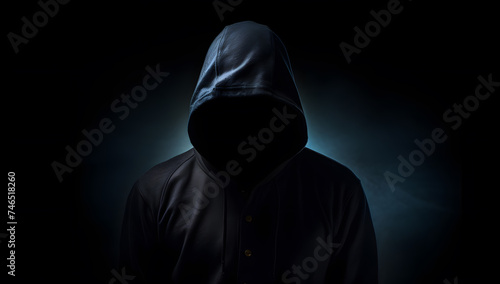 Dark man silhouette. Hacker in the hoodie on the dark