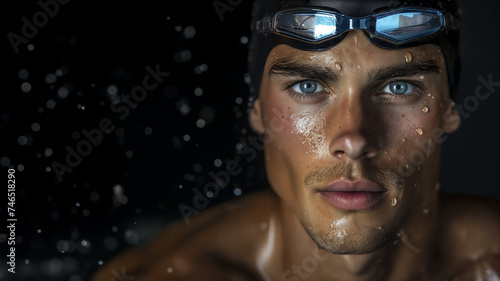 Close-up of a determined male swimmer wearing goggles, intense gaze with water droplets on his face.
