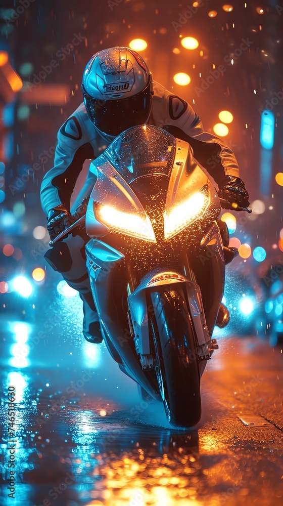 Motorcyclist Speeding on a Rainy Night