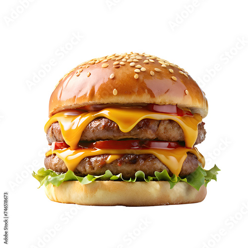 Doble hamburguesa de carne con ensalada. Bocadillo de carne con tomate y lechuga. Deliciosa hamburguesa de queso fundido sin fondo.