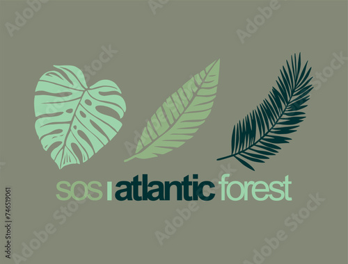 Vector illustration of a composition of leaf silhouettes with lettering with an ecological message.