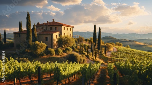 Idyllic tuscan vineyard with grapevines in golden sunlight and rolling hills landscape