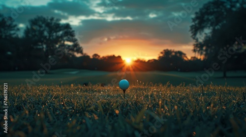 A serene sunrise scene featuring a golf ball on a tee, amidst a dew-covered fairway with silhouetted trees. photo