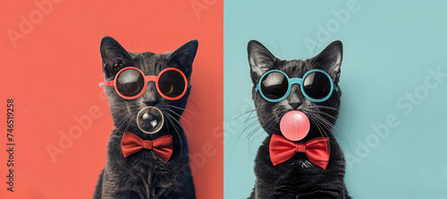 portrait of cat blowing bubble gum, wearing a red bow tie and neon goggles. dynamic backdrop, elegance with modernity. Banner for style and individuality, ideal choice for projects, from adv to social