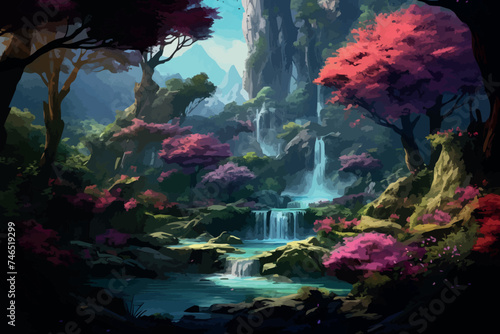 Fantasy of neon waterfall in deep forest. Glowing colorful look like fairytale. 2D Illustration.