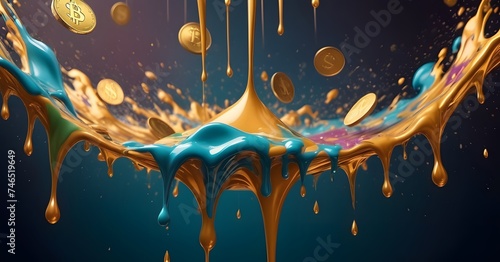 A spectacular visual of gold and teal liquids intertwining around Bitcoin and other coins, representing the volatile fusion of cryptocurrency markets. The image captures the blending of tangible photo