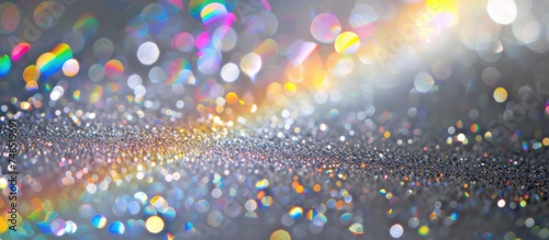 A gray light glitter background is overlaid with a blurred effect, creating a stunning visual of glass prism rainbow refraction. The play of light and shadow is mesmerizing.