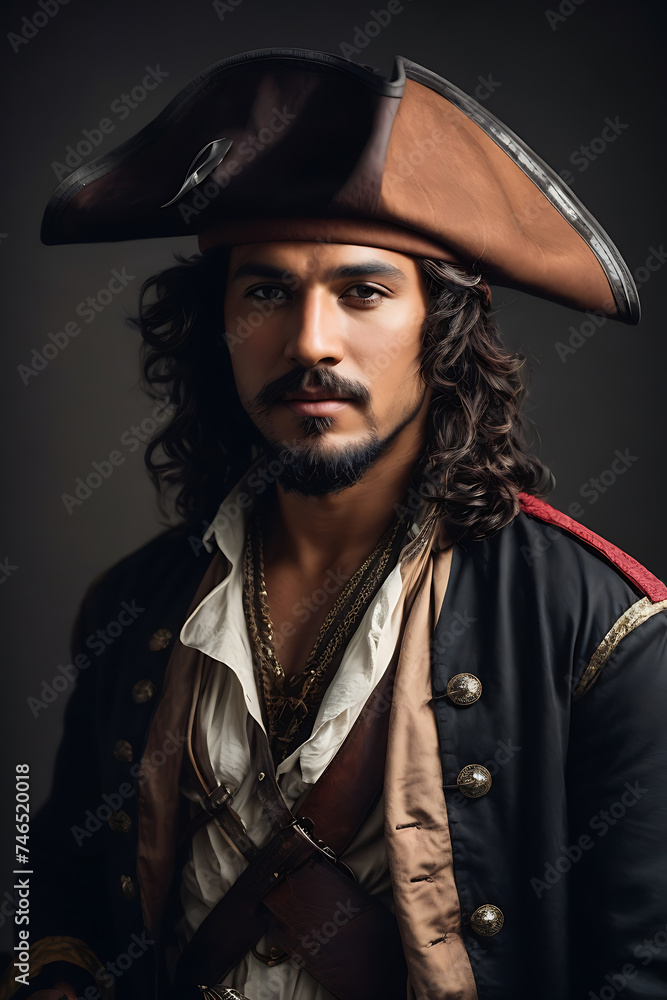 Man in Pirate Costume With Hat, Holding Sword. Generative AI.