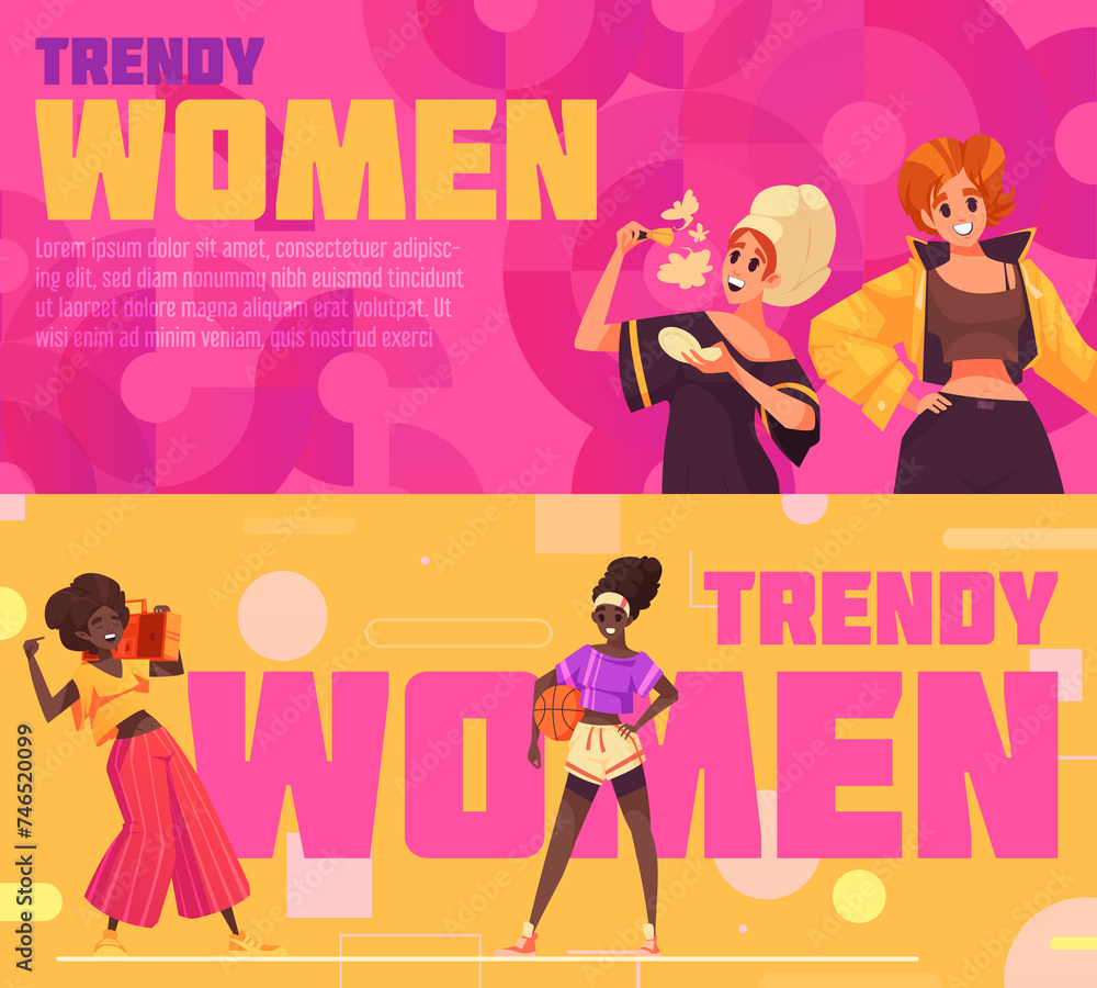 Obraz premium Trendy women hand drawn flat cartoon banner set